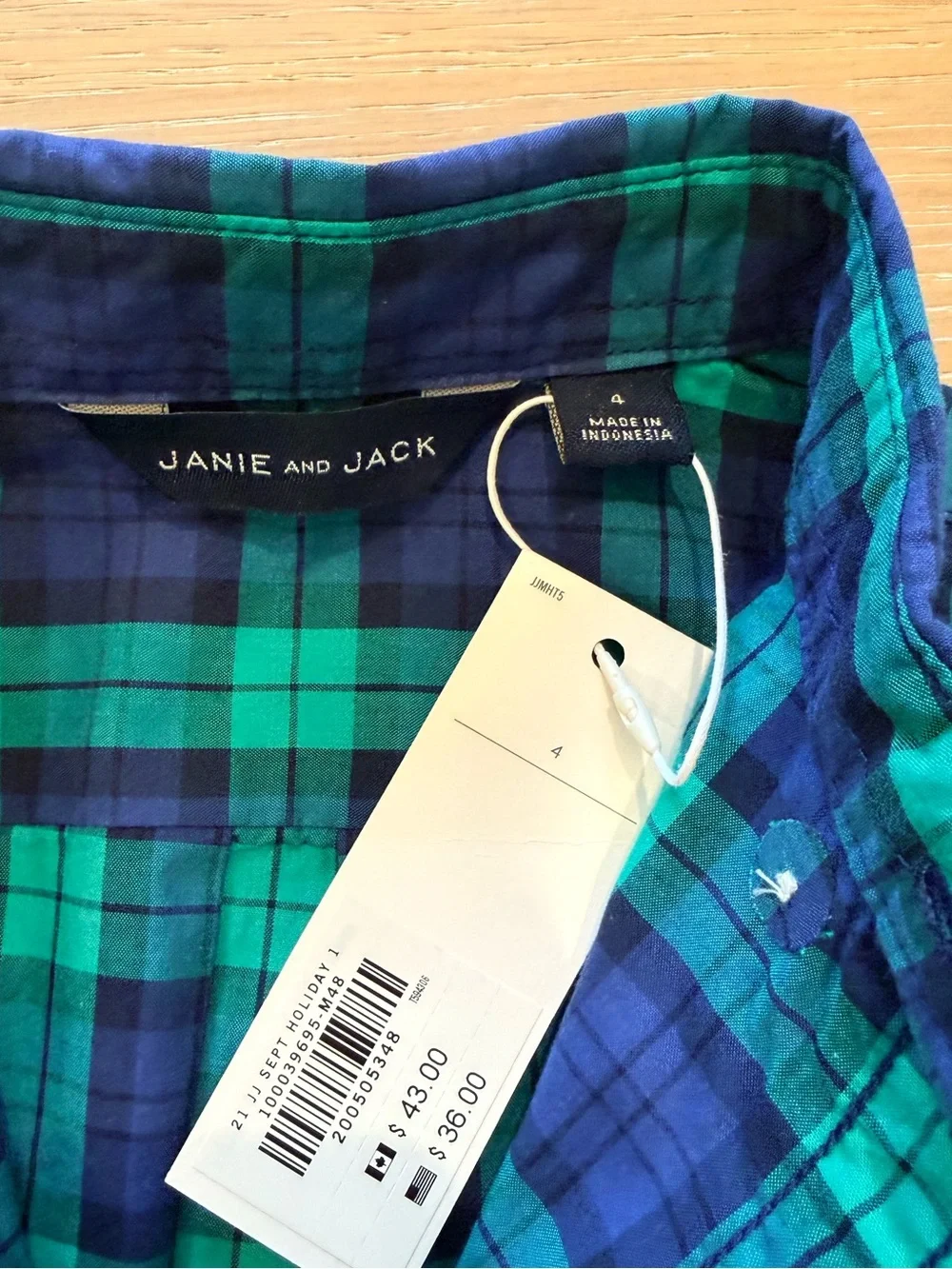 Janie and Jack Boys Navy & Green Plaid Button-Down Shirt- size 4 - NWT